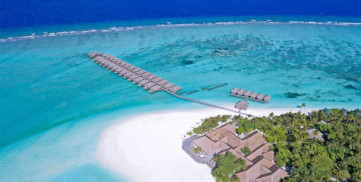 le water villa Meeru Island Resort & Spa viste dall'alto