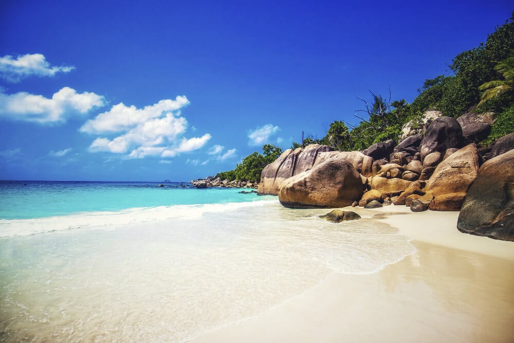 Playa rodeada por rocas marinas y vegetación bajo la luz del sol en praslin en Seychelles